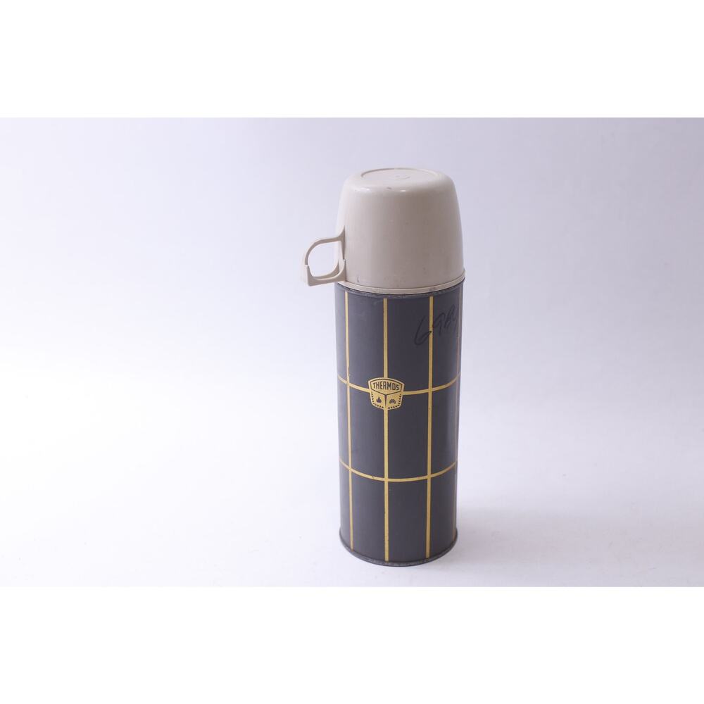 Vintage Thermos with White Cup, Gray-Gold Grid Bottle, Norwich Conn, Retro,
